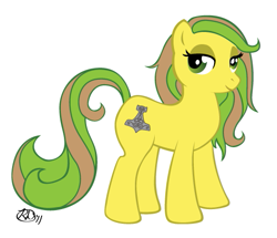 Size: 519x446 | Tagged: safe, artist:rachelled, oc, oc:thunderjolt, pony, earthtones, female, hammer, mjölnir, norse, solo, war hammer, yellow