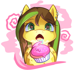 Size: 2200x2050 | Tagged: safe, artist:zombie, oc, oc:thunderjolt, pegasus, pony, bolt, brown, cupcake, drool, earth, female, food, green, hungry, lightning, lip ring, piercing, solo, yellow