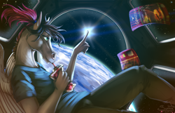 Size: 1920x1234 | Tagged: safe, artist:sunny way, oc, oc:sunny way, anthro, horse, pegasus, artwork, earth, eating, general, in space, rcf community, space, stars, sun