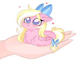 Size: 2988x2433 | Tagged: safe, artist:pesty_skillengton, oc, oc only, oc:bay breeze, pegasus, pony, blushing, bow, chest fluff, cute, daaaaaaaaaaaw, ear fluff, female, hair bow, hand, heart, heart eyes, holding a pony, in goliath's palm, looking up at you, mare, ocbetes, simple background, smol, solo, tail bow, white background, wingding eyes