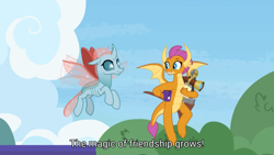 Size: 1280x720 | Tagged: safe, screencap, ocellus, smolder, changedling, changeling, dragon, the last problem, animation error, claws, dragon wings, dragoness, fangs, female, food, great moments in animation, horns, mug, older ocellus, older smolder, sextant, tea, wings