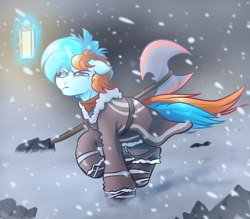 Size: 4000x3500 | Tagged: safe, artist:witchtaunter, oc, oc only, oc:blue, pony, unicorn, axe, blizzard, commission, lantern, male, snow, snowfall, solo, stallion, weapon