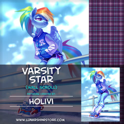 Size: 876x876 | Tagged: safe, artist:holivi, derpibooru import, rainbow dash, anthro, unguligrade anthro, advertisement, clothes, ponytail, shorts, varsity jacket