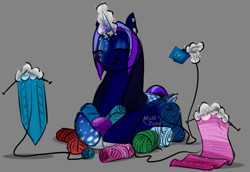 Size: 987x680 | Tagged: safe, artist:mythpony, oc, oc only, oc:myth, alicorn, pony, alicorn oc, eyes closed, female, knitting, magic, mare, prone, solo, telekinesis, yarn, yarn ball