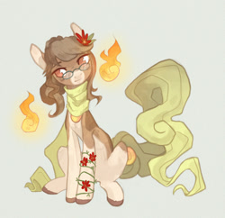 Size: 1208x1168 | Tagged: safe, artist:koviry, oc, oc:historia (rainspeak), earth pony, pony, clothes, fire, flower, flower in hair, glasses, scarf, simple background, sitting, solo, solutai, white background