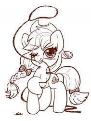 Size: 1392x1841 | Tagged: safe, artist:bbtasu, derpibooru import, applejack, earth pony, pony, alternate hairstyle, bow, braid, cute, female, hair bow, jackabetes, lasso, mare, monochrome, mouth hold, one eye closed, rope, simple background, solo, tail bow, white background, wink