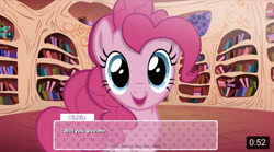 Size: 750x418 | Tagged: safe, artist:tweek studio animation, derpibooru import, pinkie pie, earth pony, pony, asking forgiveness, cute, diapinkes, female, golden oaks library, looking at you, mare, show accurate, solo, talking to viewer, text box, youtube