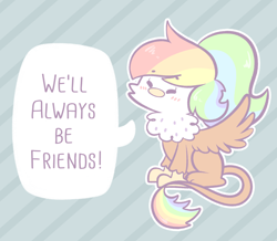 Size: 1280x1115 | Tagged: safe, artist:typhwosion, oc, oc only, oc:rainbow feather, griffon, cute, friendship, interspecies offspring, magical lesbian spawn, offspring, parent:gilda, parent:rainbow dash, parents:gildash, solo, speech bubble