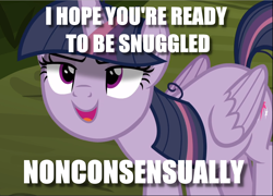 Size: 1306x940 | Tagged: safe, edit, edited screencap, screencap, mean twilight sparkle, the mean 6, caption, clone, cropped, image macro, non-consensual cuddling, solo, text