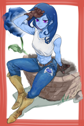 Size: 1080x1620 | Tagged: safe, artist:ceitama, oc, oc only, oc:raylanda, equestria girls, abs, anime, armpits, belly button, boots, clothes, cutie mark, cutie mark on clothes, equestria girls-ified, flower, gloves, jeans, looking at you, muscles, pants, rose, shirt, shoes, smiling, solo, t-shirt