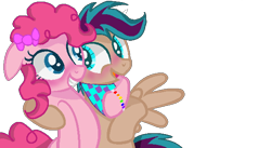 Size: 606x331 | Tagged: safe, derpibooru import, pinkie pie, oc, oc:christaloo, earth pony, pegasus, pony, base used, bib, blushing, bow, bracelet, canon x oc, eye contact, female, jewelry, lesbian, looking at each other, mare, offspring, open mouth, parent:oc:christle flyer, parent:scootaloo, parents:canon x oc, shipping, simple background, smiling, transparent background