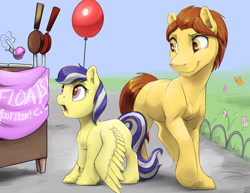 Size: 1650x1275 | Tagged: safe, artist:silfoe, oc, oc only, oc:cinnamon, oc:fireball, earth pony, pegasus, pony, balloon, commission, drool, father and child, father and daughter, female, food, ice cream, male, parent and child