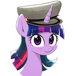 Size: 1650x1650 | Tagged: safe, artist:yinglongfujun, twilight sparkle, pony, unicorn, cap, hat, horn, horn impalement, simple background, solo, transparent background