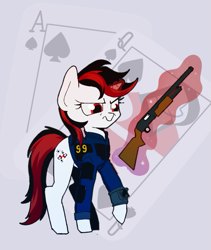 Size: 843x999 | Tagged: safe, artist:ivyredmond, oc, oc only, oc:blackjack, pony, unicorn, fallout equestria, fallout equestria: project horizons, gun, shotgun, solo, vault security armor, weapon