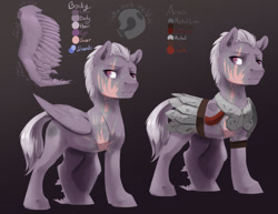 Size: 3300x2550 | Tagged: safe, artist:silfoe, oc, oc only, pegasus, pony, amputee, armor, commission, eye scar, gradient background, reference sheet, scar, stump