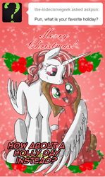 Size: 566x950 | Tagged: safe, artist:crispokefan, oc, oc:hollymistletoe, oc:pun, alicorn, pony, ask, ask pun, female, hug, mare, winghug