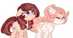 Size: 1280x670 | Tagged: safe, artist:moon-rose-rosie, oc, oc only, oc:chocolate sprinkles, oc:magnolia, earth pony, pegasus, pony, base used, female, mare, offspring, parent:bulk biceps, parent:cheese sandwich, parent:fluttershy, parent:pinkie pie, parents:cheesepie, parents:flutterbulk, simple background, transparent background