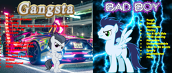 Size: 911x389 | Tagged: safe, artist:chainchomp2 edit, artist:frownfactory, artist:jawsandgumballfan24, edit, rumble, soarin', pegasus, pony, car, colt, male, stallion