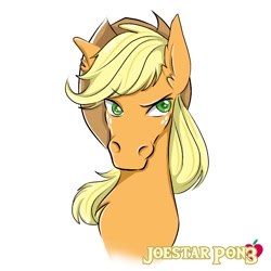 Size: 768x768 | Tagged: safe, artist:joestarpon3, derpibooru import, applejack, earth pony, horse, pony, annoyed, bust, chest fluff, colored pupils, cowboy hat, ear fluff, female, glare, green eyes, hat, hoers, horse face, mare, raised eyebrow, simple background, solo, stetson, unamused, white background