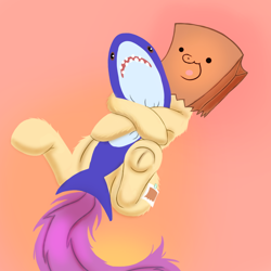 Size: 840x840 | Tagged: safe, artist:lucykor, oc, oc:paper bag, earth pony, pony, fake cutie mark, female, hug, mare, paper bag, plushie, shark plushie