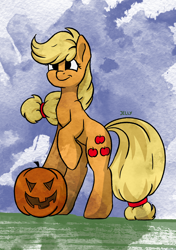 Size: 1748x2480 | Tagged: safe, artist:jellyys, derpibooru import, applejack, earth pony, pony, digital, female, halloween, holiday, inktober, inktober 2019, jack-o-lantern, mare, pumpkin, solo, standing