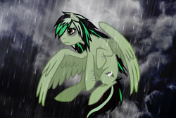 Size: 877x586 | Tagged: artist needed, safe, artist:sorrowfuldownpour, oc, oc:gloomy feathers, pony, rain, sad, scar, trace