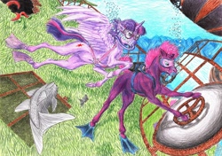 Size: 1280x902 | Tagged: safe, artist:mirdal, tempest shadow, twilight sparkle, twilight sparkle (alicorn), alicorn, fish, octopus, pony, unicorn, airship, broken horn, bubble, diving goggles, duo, duo female, female, flippers, horn, rebreather, scuba, scuba diving, scuba mask, traditional art, underwater