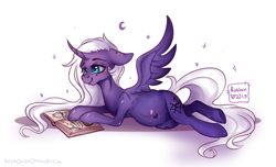 Size: 1652x1002 | Tagged: safe, artist:rottengotika, oc, oc:star nebula moon, alicorn, pony, alicorn oc, book, curved horn, cute, female, horn, long hair, long tail, mare, pregnant, reading, solo