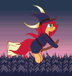 Size: 2427x2562 | Tagged: safe, artist:spk, oc, oc:vivian cereza, pony, broom, eye clipping through hair, flying, flying broomstick, glasses, hat, night, witch costume, witch hat