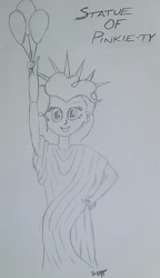 Size: 806x1401 | Tagged: safe, artist:pabrony83, pinkie pie, equestria girls, balloon, monochrome, smiling, solo, statue of liberty, traditional art