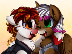 Size: 2379x1783 | Tagged: safe, artist:pridark, oc, oc only, oc:aiya, oc:damien runner, hippogriff, hybrid, pony, bust, chest fluff, claw, commission, female, horn, male, one eye closed, pals, portrait, wings