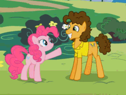 Size: 640x480 | Tagged: safe, derpibooru import, screencap, cheese sandwich, pinkie pie, earth pony, pony, pinkie pride, animated, clothes, cropped, female, gif, grin, happy, hooves, jumping, male, mare, shipping fuel, shirt, smiling, stallion