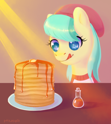 Size: 1072x1189 | Tagged: safe, artist:ptiza, barley barrel, pegasus, pony, rainbow roadtrip, female, filly, food, maple syrup, pancakes, solo