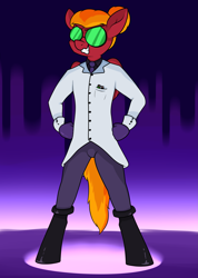 Size: 2141x3000 | Tagged: safe, artist:moonatik, oc, oc only, oc:moonatik, anthro, pegasus, unguligrade anthro, boots, clothes, costume, glasses, gloves, hair bun, lab coat, mad scientist, male, necktie, nightmare night costume, shoes, solo, stallion