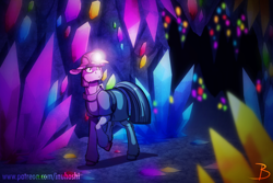 Size: 1772x1181 | Tagged: safe, artist:inuhoshi-to-darkpen, maud pie, earth pony, pony, cave, clothes, crystal, dress, female, floppy ears, gem cave, glowing gems, helmet, mare, mine, solo