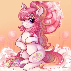 Size: 1280x1280 | Tagged: safe, artist:neonishe, oc, pony, unicorn, colored hooves, hairpin, one eye closed, solo, umbrella, wink