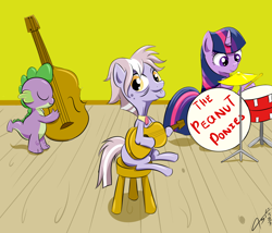 Size: 1750x1500 | Tagged: safe, artist:asajiopie01, dusty pages, spike, twilight sparkle, dragon, earth pony, pony, the point of no return, cello, crossover, drums, eyes closed, guitar, hoof hold, musical instrument, peanuts, profile, sitting, stool, trio