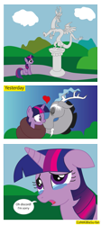 Size: 599x1335 | Tagged: safe, artist:conikiblasu-fan, discord, twilight sparkle, unicorn twilight, draconequus, pony, unicorn, coils, comic, discolight, female, floating heart, heart, kissing, male, petrification, shipping, simple background, statue, straight, transparent background