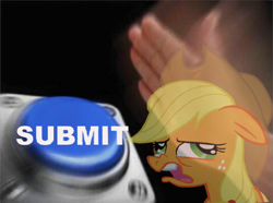 Size: 600x446 | Tagged: safe, artist:anonymous, derpibooru import, applejack, earth pony, pony, button, derp face, female, floppy ears, mare, meme, meme origin, nut button, solo