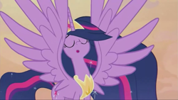 Size: 1695x954 | Tagged: safe, screencap, princess twilight 2.0, twilight sparkle, twilight sparkle (alicorn), alicorn, pony, the last problem, singing, solo, spread wings, wings