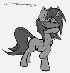 Size: 874x914 | Tagged: safe, artist:ferasor, oc, oc only, pony, unicorn, blindfold, monochrome, raised hoof, signature, simple background, sketch, solo, white background