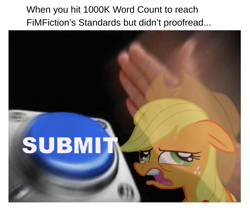 Size: 710x592 | Tagged: safe, artist:anonymous, derpibooru import, applejack, earth pony, pony, button, caption, derp face, fimfiction, hand, hat, meme, nut button, screenshots