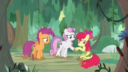 Size: 1920x1080 | Tagged: safe, screencap, apple bloom, scootaloo, sweetie belle, earth pony, pegasus, pony, unicorn, growing up is hard to do, cutie mark crusaders, female, hayseed swamp, mare, mud, muddy, older, older apple bloom, older scootaloo, older sweetie belle, trio, vine