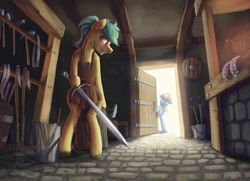 Size: 1050x761 | Tagged: safe, artist:helmie-art, oc, oc only, oc:flower skies, earth pony, pony, blacksmith, dexterous hooves, hammer, hoof hold, horseshoes, pickaxe, shield, sword, tongs, weapon