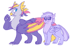 Size: 1280x827 | Tagged: safe, artist:sandwichbuns, oc, oc only, oc:fire lily, oc:lovebug, pony, dragriff, half-dragon, half-griffon, magical lesbian spawn, offspring, parent:gallus, parent:ocellus, parent:silverstream, parent:smolder, parents:ocelstream, parents:smollus, simple background, transparent background