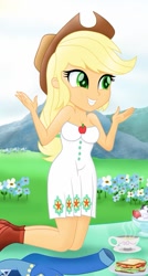 Size: 517x967 | Tagged: safe, artist:theretroart88, edit, applejack, better together, equestria girls, applejack's hat, bare arms, beautiful, clothes, cowboy hat, cropped, cup, cute, discarded clothing, dress, field, food, grass, happy, hat, jackabetes, kneeling, legs, picnic, picnic blanket, sandwich, sexy, smiling, solo, tea, teacup