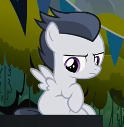 Size: 291x297 | Tagged: safe, screencap, rumble, pegasus, pony, marks and recreation, colt, cropped, frown, male, sitting, solo