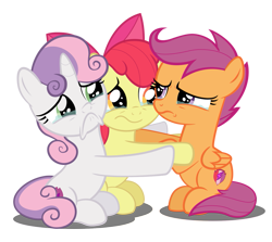 Size: 947x844 | Tagged: safe, artist:spellboundcanvas, apple bloom, scootaloo, sweetie belle, earth pony, pegasus, pony, unicorn, the last crusade, comforting, crying, cuddling, cutie mark, cutie mark crusaders, female, filly, group hug, hug, simple background, teary eyes, the cmc's cutie marks, transparent background