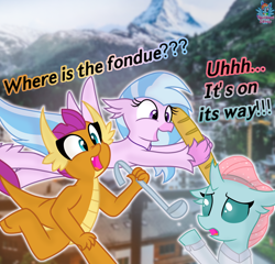 Size: 2200x2110 | Tagged: safe, artist:rainbow eevee, ocellus, silverstream, smolder, changedling, changeling, classical hippogriff, dragon, hippogriff, bread, clothes, cute, dialogue, diaocelles, diastreamies, female, fondue, food, holding, mountain, open mouth, smolderbetes, switzerland