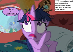 Size: 1008x720 | Tagged: safe, edit, edited screencap, screencap, twilight sparkle, lesson zero, bed, clock, clock is ticking, cropped, cuckoo clock, faic, golden oaks library, inset, messy mane, speech, speech bubble, text, tfw, tree, windmill